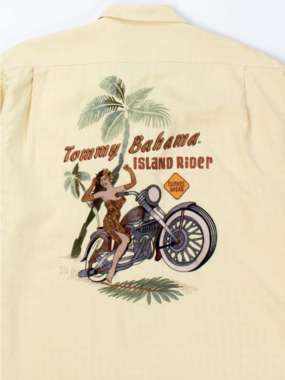 TOMMY BAHAMA ISLAND RIDER EMBROIDERED PIN-UP SILK HAWAIIAN SHIRT YELLOW MEN’S L
